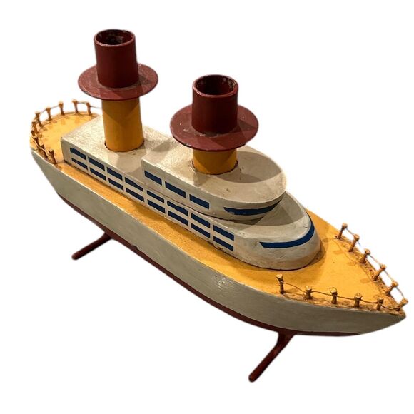 Yellow and White Wood and Metal Boat Decor with Candle Holders - Picture 4 of 7